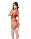 Mapale Embroidered Lace Bustier Thong Set Rosewood S/M shown from the back, highlighting its delicate lace and sheer design.