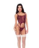 Mapale Lace and Mesh Garter Top and Thong Set Burgundy L/XL displayed on a model, showcasing its elegant design and rich color.