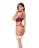 Mapale Lace and Mesh Garter Top and Thong Set Burgundy L/XL showcased in a stunning rear view, highlighting the elegant design.