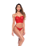 Mapale Strapless Bustier Thong 2 Piece Set Red L/XL on a model showcasing floral lace and a daring plunge design.