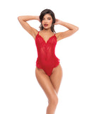 Mapale Dotted Lace Mesh Open Crotch Teddy Red S/M showcasing a plunging neckline and delicate lace details.