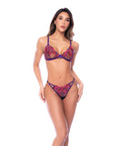 Mapale Floral Embroidered Mesh Bra and Panty Set Orchid L/XL displayed on a model in deep purple mesh with floral embroidery.