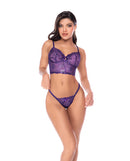 Let Yourself Glow Lace Crop Top Thong Set Violet L/XL featuring floral embroidery and sequin sparkles.