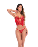 Mapale Sequin Embroidered Lace Bustier and Thong Set Red S/M displayed on a model, showcasing elegant lingerie.