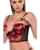 Mapale Strapless Mesh Bustier and Thong Set Black Red S/M featuring vibrant floral design and sheer mesh panels.
