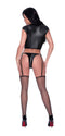 Model wearing Lust Fetish Rhea Black L/XL, featuring open strappy T-shirt and zippered garter thong, showcasing faux leather.