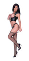 Model in Lust Fetish Rhea Black L/XL outfit featuring strappy top and garter thong, showcasing faux leather and mesh.