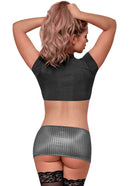Model showcasing the back of the Very Private Secretary Costume Black Large with a black Lycra top and pinstriped skirt.