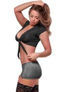 Very Private Secretary Costume Black Large model wearing a black Lycra top and grey pinstriped skirt, showcasing a seductive office look.