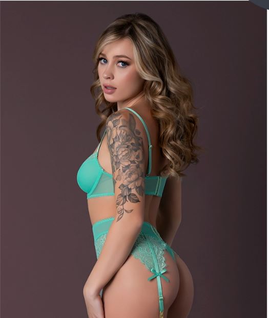 CARIBBEAN CRUSH BRA & GARTER THONG SET AQUA GLOW L/XL-1