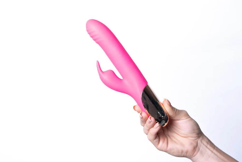 Maia Toys Super Charged Silicone Rabbit Vibrator in pink, featuring a sleek design and dual stimulation for ultimate pleasure.