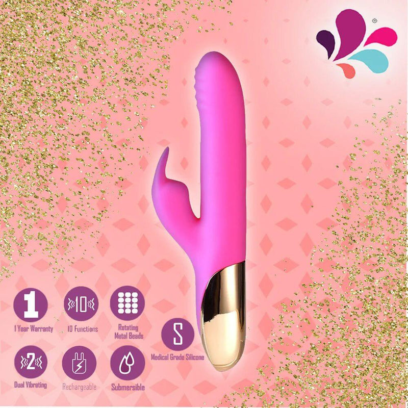Maia Toys Super Charged Silicone Rabbit Vibrator in pink, featuring 10 functions, rechargeable, and waterproof design.