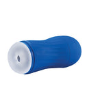 Maxtasy Vibration Master Standard Clear Masturbator in blue, showcasing its sleek design and ergonomic shape.