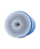 Maxtasy Vibration Master Standard Clear Masturbator showing top view of the stroker with blue base.
