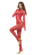 Split Up Lace Bodystocking Red One Size featuring sultry all-over lace and daring split-up styling.