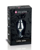Mystim Little John E-Stim Buttplug Small Aluminum Silver packaging with sleek design and branding.