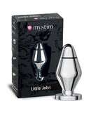 Mystim Little John E-Stim Buttplug Small Aluminum Silver packaging and product image