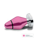 Mystim Little John E-Stim Buttplug Small Aluminum Silver with a pink metal finish and conductive surfaces.