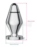 Mystim Little John E-Stim Buttplug Small Aluminum Silver showing dimensions and design details, polished aluminum finish.