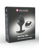 Mystim Rocking Vibes E-Stim Silicone Butt Plug Small Black packaging with remote control for electrostimulation and vibration.