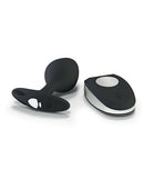 Mystim Rocking Vibes E-Stim Silicone Butt Plug Small Black with remote control laid out.