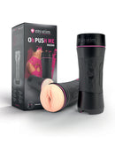 Mystim Oh-Pushme Vagina Masturbator Black with packaging, showcasing the realistic vagina-style sleeve and adjustable features.