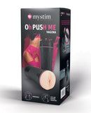 Mystim Oh-Pushme Vagina Masturbator Black box packaging showcasing realistic design and features.