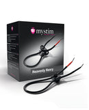 Mystim Heavenly Henry Electrostim Glans Strap Set packaging with adjustable electrodes.