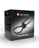 Mystim Heavenly Henry Electrostim Glans Strap Set packaging showcasing adjustable design for targeted stimulation.