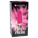 Mystim Sleak Freak Vibrator Pink in its packaging, showcasing its minimalist design and vibrant color.