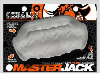 Oxballs Masterjack Double Penetration Stroker in Clear Ice Blue packaging by Blue Ox Designs LLC