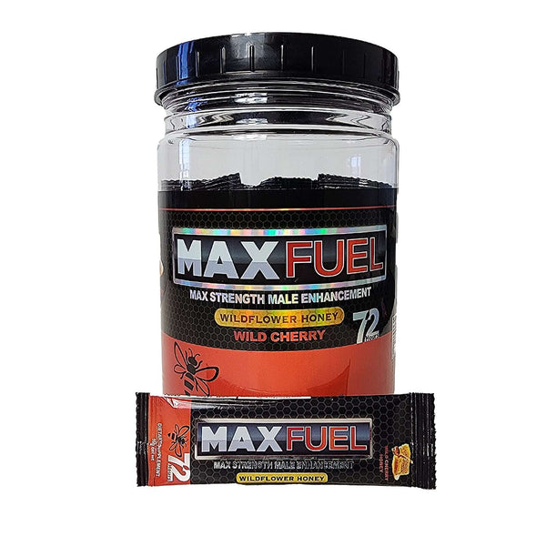 MaxFuel Honey Male Enhancement jar and pack, wildflower honey wild cherry formula for peak performance.