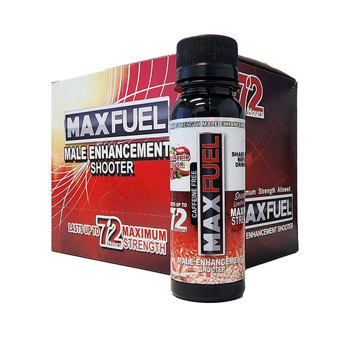 MaxFuel Cran Apple Male Enhancement Shooter bottle and packaging, designed to boost stamina and performance.