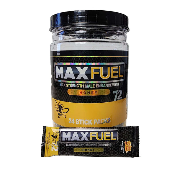 MaxFuel Honey Male Enhancement display jar with 24 stick packs for 72-hour stamina boost.