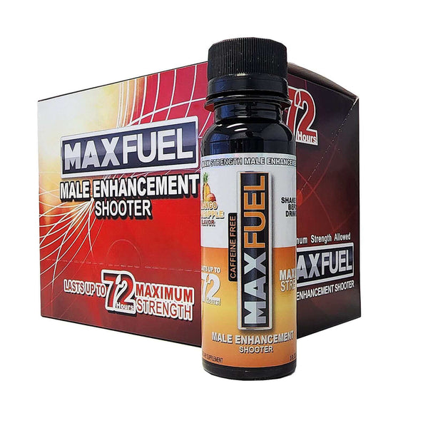 MaxFuel Male Enhancement Shooter bottle and packaging, promoting stamina and vitality support.