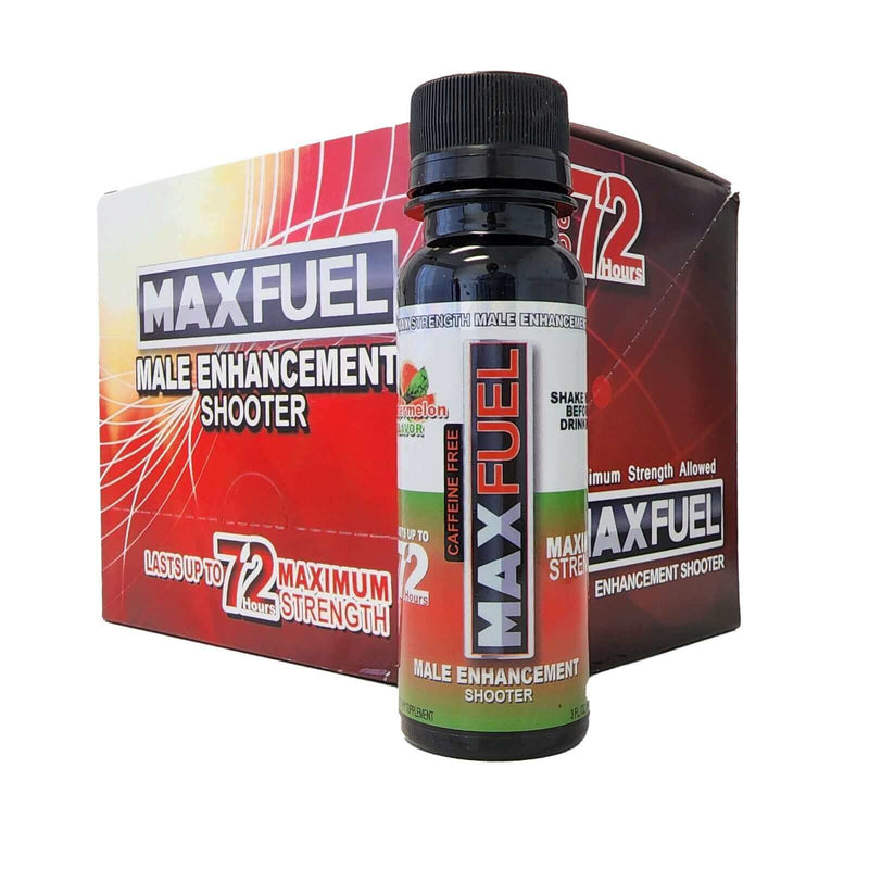 MaxFuel Male Enhancement Shooter bottle with box, promoting energy and vitality, caffeine-free, watermelon flavor, convenient supplement.