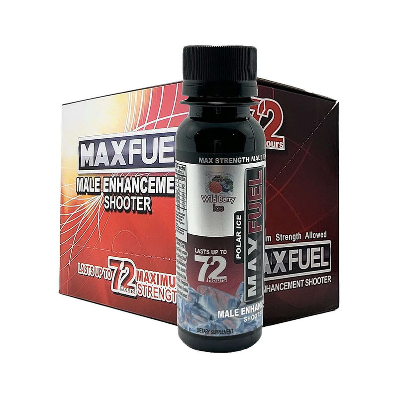 MaxFuel Polar Ice Male Enhancement Shooter in Wild Berry Ice flavor, displayed with 12 bottles in box.
