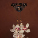 UPKO Mystic Bond Collection Collar with Pulling Nipple Clamps and orchids on a brown background.