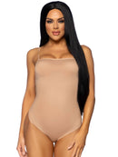 Model wearing Leg Avenue 33 Inch Long Straight Wig Black with a nude bodysuit, showcasing sleek hair and glamorous style.