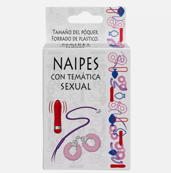 Spanish sex-themed playing cards deck packaging with adult items illustrations, designed for fun and cheeky game nights.