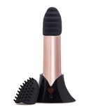 NU Sensuelle Point Plus Bullet Vibrator Rose Gold displayed with a textured attachment for enhanced stimulation.