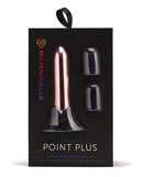 NU Sensuelle Point Plus Bullet Vibrator Rose Gold packaging with interchangeable sleeves and information on vibration patterns.