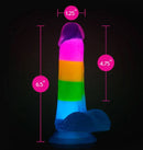 Neo Elite Glow in the Dark Rainbow Rave Dildo with measurements and suction cup feature.