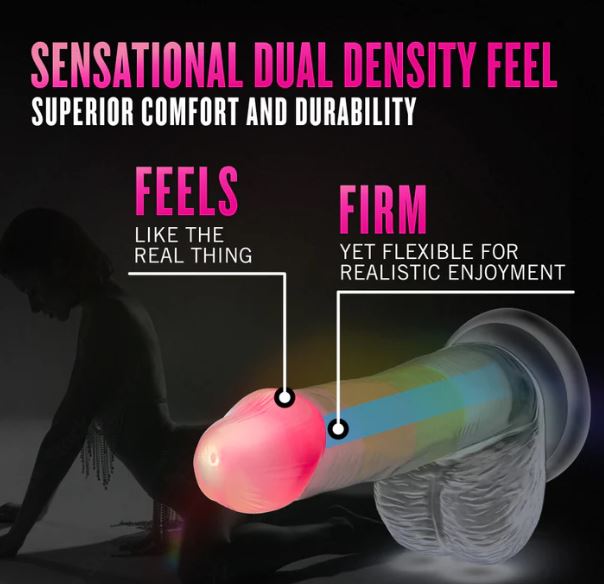 Neo Elite Glow in the Dark Rainbow Rave Dildo showcasing dual-density feel and suction cup for realistic pleasure.