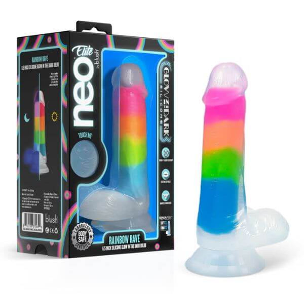 Neo Elite Glow in the Dark Rainbow Dildo with Dual-Density Silicone and Suction Cup Packaging and Product Image