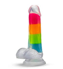 Neo Elite Glow in the Dark Rainbow Rave 6.5" dildo with dual-density silicone and suction cup base, vibrant colors.