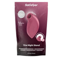 Satisfyer One Night Stand Air Pulse Clitoral Stimulator package featuring touch-free stimulation and silicone design.