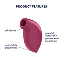 Image showing features of Satisfyer One Night Stand Air Pulse Clitoral Stimulator with soft silicone and powerful motor.