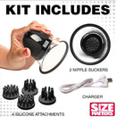Rotating Nipple Suckers kit with 4 silicone attachments, 2 nipple suckers, and charger for hands-free nipple stimulation.