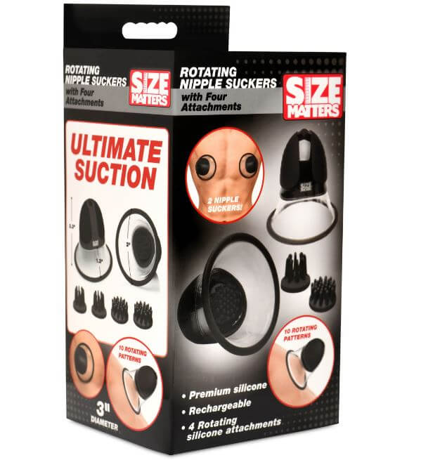 Box of Rotating Nipple Suckers with 4 Attachments for ultimate hands-free nipple stimulation and pleasure.